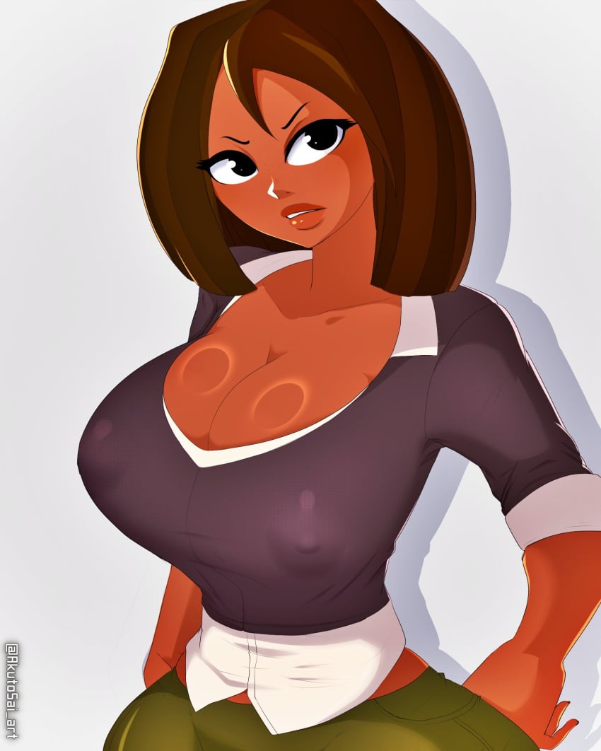 akutosai_art areola_bulge big_breasts breasts brown_hair busty cleavage courtney_(tdi) erect_nipples female female_focus female_only hourglass_figure large_breasts nipple_bulge see-through sleeves_rolled_up tagme total_drama_island wide_hips