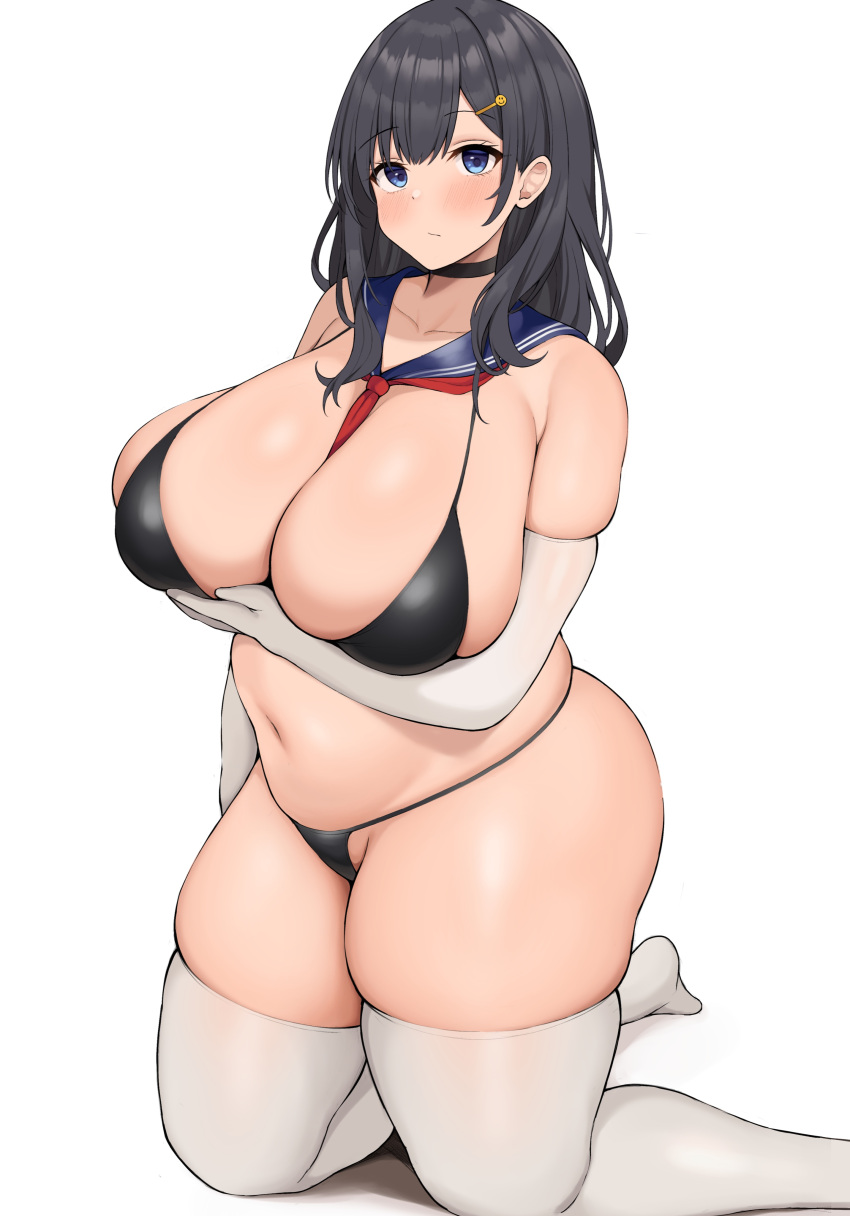 1girls black_hair blue_eyes breasts chubby female hi_res hips huge_breasts long_hair naughty_face neneneji original original_character simple_background thick_thighs thighs voluptuous wide_hips