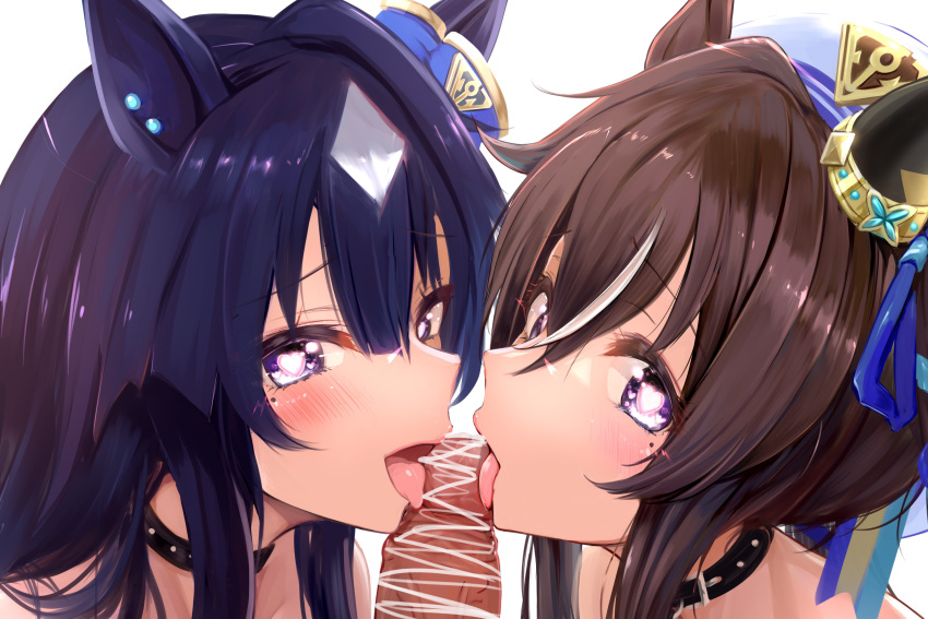 1boy 2girls animal_ears black_collar blue_hair blush brown_hair censored collaborative_fellatio collar commentary_request cooperative_fellatio fellatio hat heart heart-shaped_pupils highres horse_ears horse_girl kokoa_ninniku licking licking_penis mole mole_under_eye multicolored_hair multiple_girls oral penis purple_eyes siblings simple_background sisters spiked_collar spikes straight streaked_hair symbol-shaped_pupils teamwork tongue tongue_out umamusume upper_body verxina_(umamusume) vivlos_(umamusume) white_background white_hair white_headwear