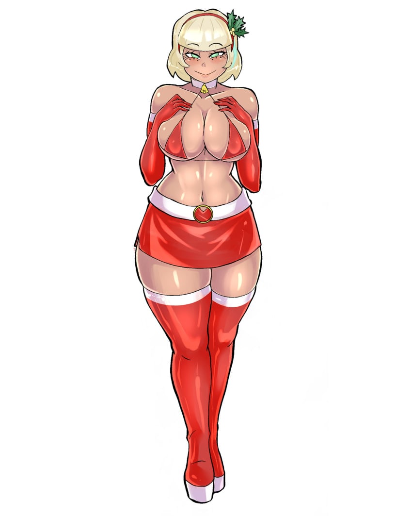 1girls banjabu big_breasts blonde_hair blonde_hair_female christmas_outfit clothed edit edited female female_only green_eyes hi_res highres human jackie_lynn_thomas looking_at_viewer micro_bikini mistletoe no_visible_genitalia pale-skinned_female pale_skin red_bikini red_stockings seductive seductive_look skirt solo star_vs_the_forces_of_evil stockings white_berries wide_hips