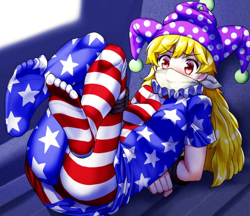 bondage bound clownpiece gag gagged kidnapped mono_(moiky) over_the_nose_gag restrained skeb_commission touhou