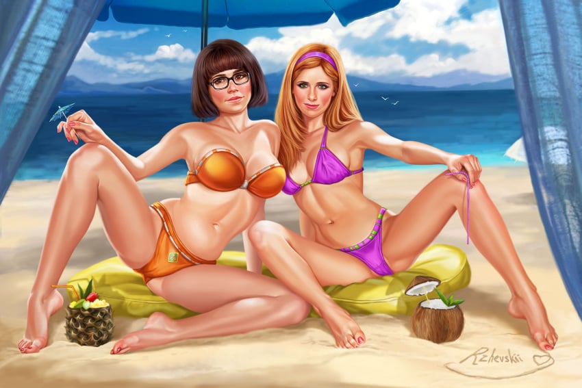 2girls armpits auburn_hair bandeau_bikini barefoot beach beach_towel beach_umbrella bikini breasts brown_hair cameltoe coconut daphne_blake erect_nipples eyeglasses female female_only fruit glasses hanna-barbera highres large_breasts linda_cardellini long_hair multiple_girls navel nerd nerdy_female nipple_bulge orange_bikini panties partially_visible_vulva pineapple purple_bikini pussy realistic rzhevskii sand sarah_michelle_gellar scooby-doo scooby-doo_(film) short_hair spread_legs strapless_bikini swimsuit velma_dinkley velma_dinkley_(linda_cardellini) xxxartist