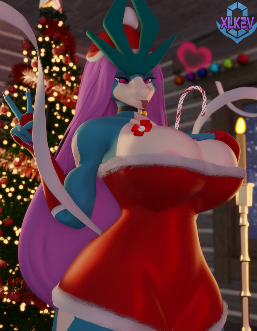 anthro big_breasts blue_body blue_fur breasts candy candy_cane christmas clothing dress female food fur generation_2_pokemon hair holidays legendary_pokemon long_hair nintendo pokemon pokemon_(species) purple_hair ribbons solo suicune xlkev