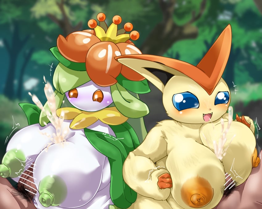 anthro areola big_breasts blue_eyes blush bodily_fluids breast_play breast_squish breasts cum cum_on_breasts fangs female female/female forest generation_5_pokemon genital_fluids genitals green_areola green_nipples group hi_res huge_breasts interspecies legendary_pokemon lilligant male male/female nintendo nipples orange_areola orange_eyes orange_nipples outside overweight penis plant pokemon pokemon_(species) pokephilia pubes sex slightly_chubby smile squish teeth titjob tree victini white_body yellow_body yurumeami