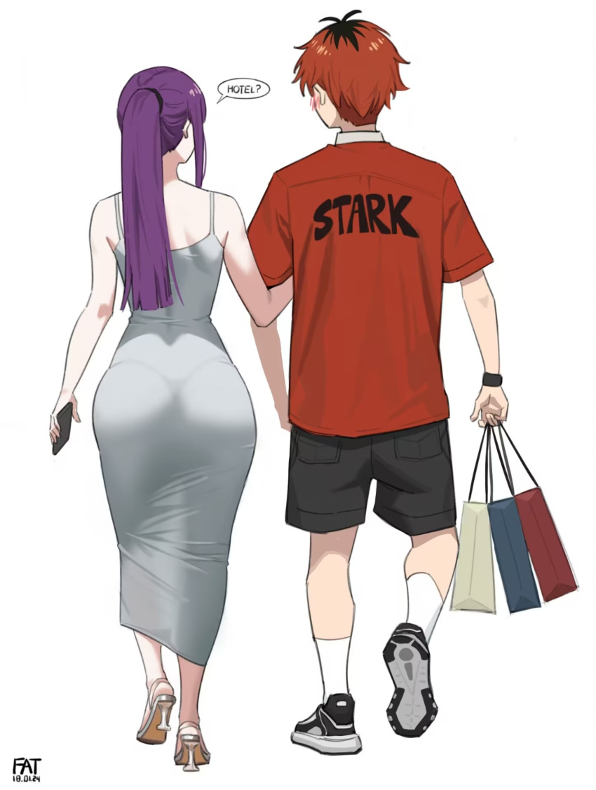 1boy 1girls alternate_universe ass big_ass blush couple curvaceous curvy_figure dress english_text fatzhai fern_(sousou_no_frieren) frieren_beyond_journey's_end from_behind inviting_to_sex modern_au ponytail purple_hair red_hair shirt shopping shopping_bag shorts sousou_no_frieren stark_(sousou_no_frieren) voluptuous voluptuous_female wide_hips