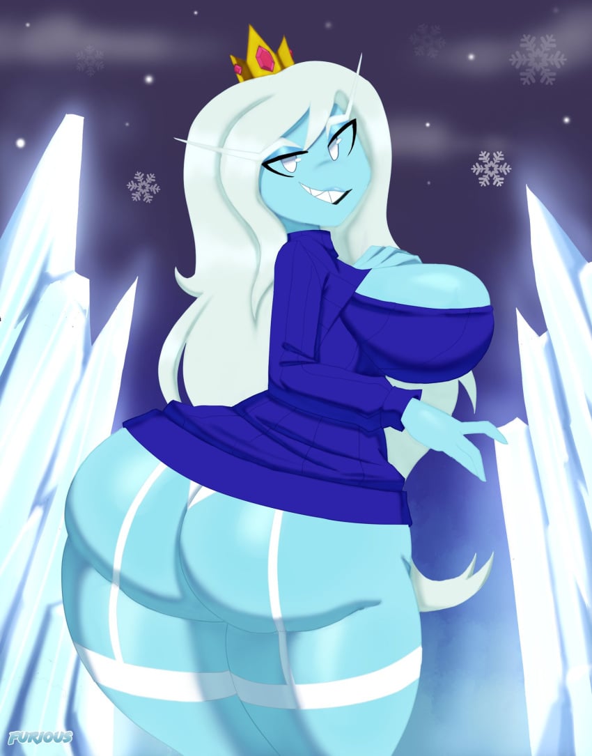 1girls adventure_time ass big_ass big_breasts big_butt blue_body blue_skin eyebrows fat_ass female female_only ice_queen_(adventure_time) large_ass large_breasts long_hair looking_at_viewer looking_back lustburnsfire sharp_teeth solo solo_female solo_focus straps thick_ass thick_thighs thighhighs thighs white_eyes white_hair wide_hips zrfurious