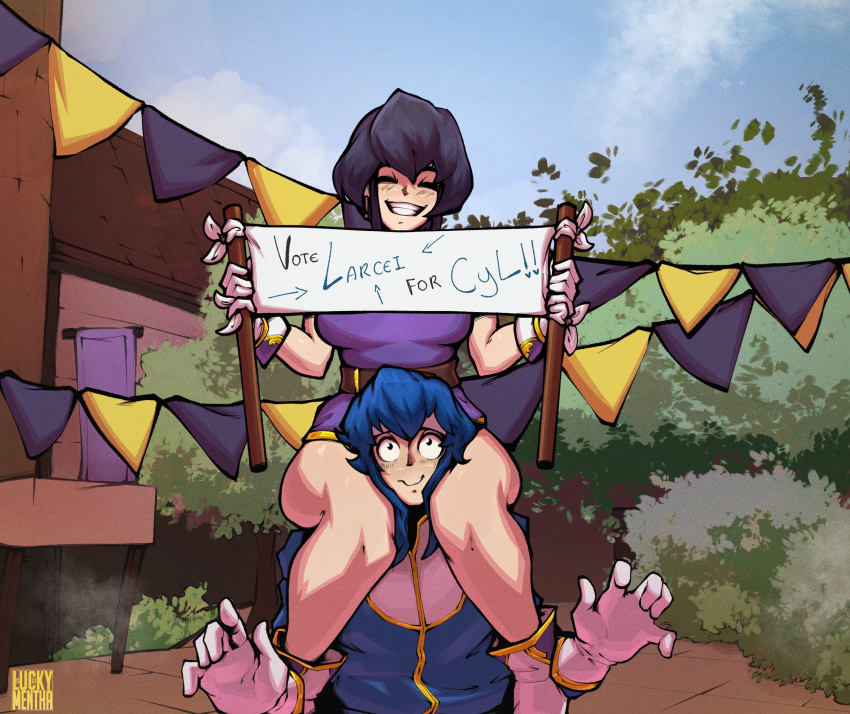 1boy 1girls banner bare_legs black_hair blue_hair breasts bush carrying closed_eyes commission female fire_emblem fire_emblem:_genealogy_of_the_holy_war fire_emblem_heroes headband highres holding holding_sign larcei_(fire_emblem) legs luckymentha male medium_breasts nintendo on_shoulder outdoors purple_tunic riding seliph_(fire_emblem) shoulder_carry sidelocks sign sitting_on_shoulder smile thighs tree tunic wavy_mouth white_headband