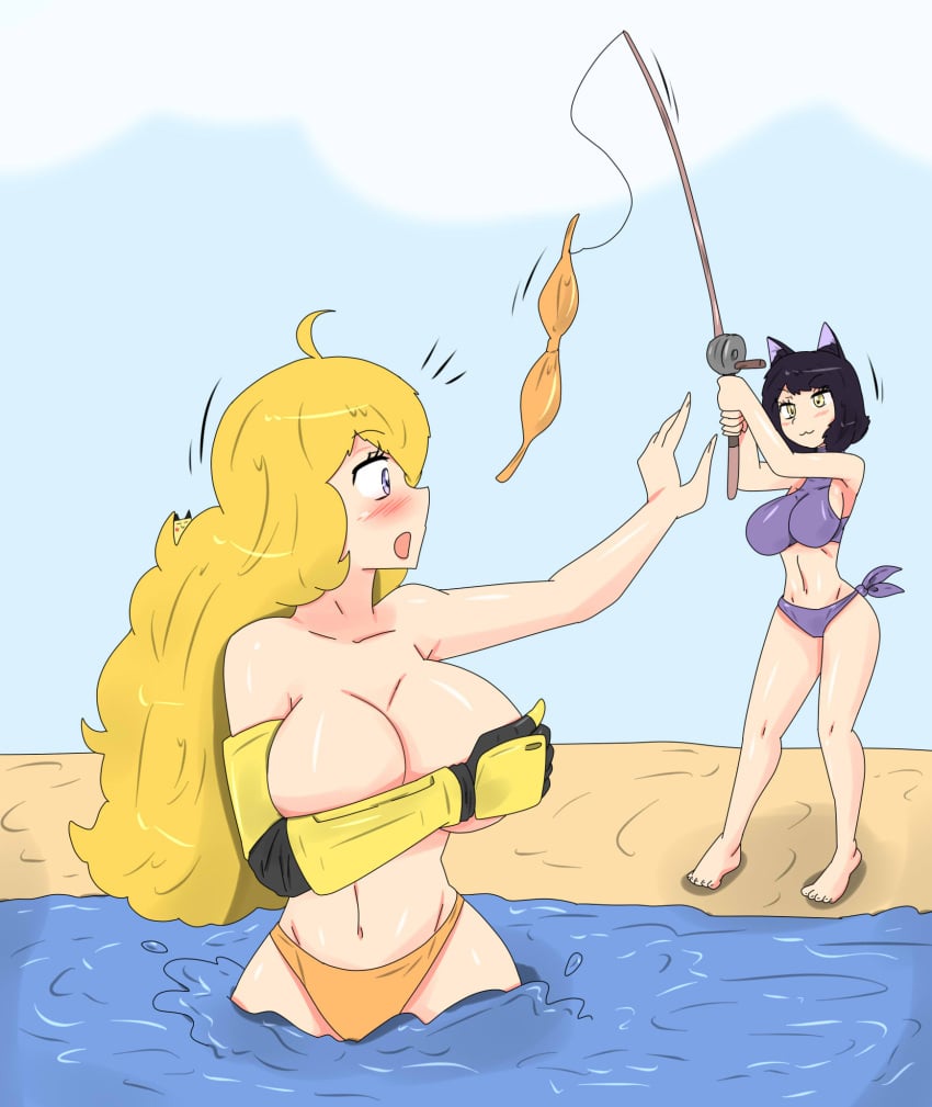 bikini bikini_bottom bikini_top blake_belladonna blonde_female blonde_hair cat_ears covering_breasts fishing fishing_rod fjtiko half-dressed half_naked purple_eyes robotic_arm rwby yang_xiao_long yellow_eyes zronku