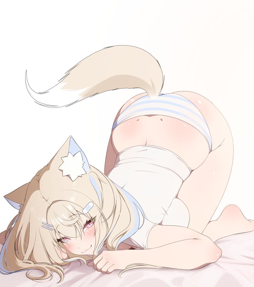 1girls animal_ears ass blonde_hair breasts female fuwawa_abyssgard hi_res hololive hololive_english hololive_english_-advent- kemonomimi large_ass large_breasts long_hair looking_at_viewer naughty_face panties prab simple_background striped_panties tail virtual_youtuber