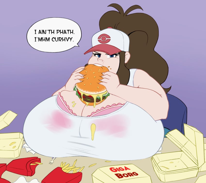 1girls 2023 2d 2d_(artwork) big_breasts blue_eyes bra breasts brown_hair burger eating eating_food fat female fimif food_fetish french_fries hilda_(pokemon) huge_breasts hyper large_breasts mouth nintendo open_mouth pink_bra pokemon pokemon_bw solo solo_female teeth teeth_showing teeth_visible text text_bubble white_skin