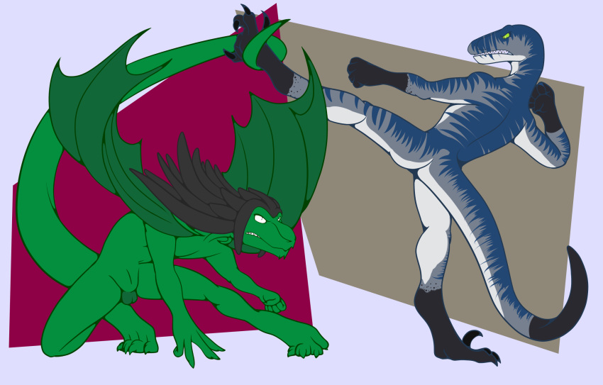 animal_genitalia anthro ass balls battle claws dinosaur dreadlocks duo fight genital_slit hi_res lizard male modo_tu_(character) nude open_mouth reptile roundhouse_kick scalie sigma_restrainedraptor_(character) simple_background slit tail_grab teeth theropod utahraptor wings x231_(artist) yaoi