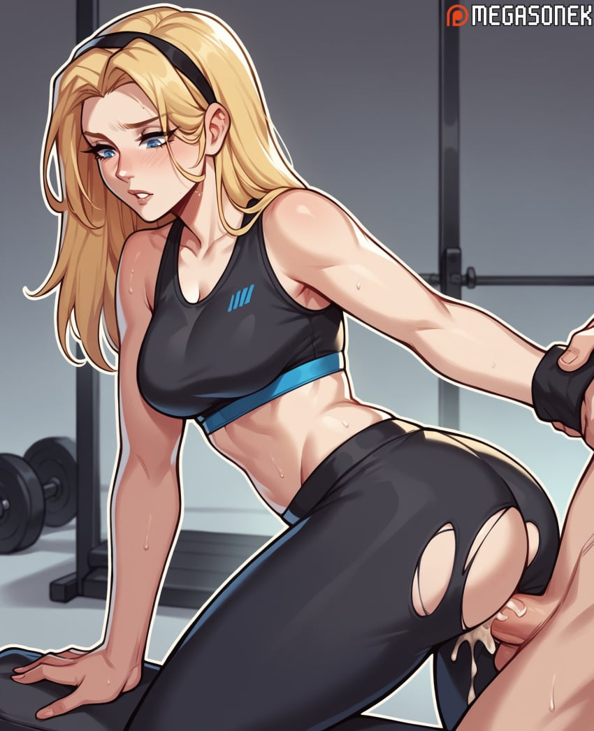 1boy ai_generated ass bangs bare_shoulders black_hairband black_pants blonde_hair blue_eyes blush breasts cleavage clothed_sex collarbone cum cum_in_pussy dumbbell exercise female gym hairband large_breasts league_of_legends league_of_legends:_wild_rift long_hair luxanna_crownguard medium_breasts megasonek outline overflow pants parted_lips patreon_username penis riot_games sex sex_from_behind shiny shiny_hair solo_focus sports_bra straight sweat teeth testicles torn_clothes torn_pants uncensored vaginal_penetration watermark weightlifting