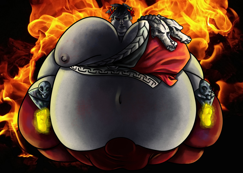 1boy barefoot big_belly demigod fat fat_belly fat_man fire hades_(game) initforthepics male male_only moobs morbidly_obese morbidly_obese_male obese obese_male overweight overweight_male weightgain zagreus