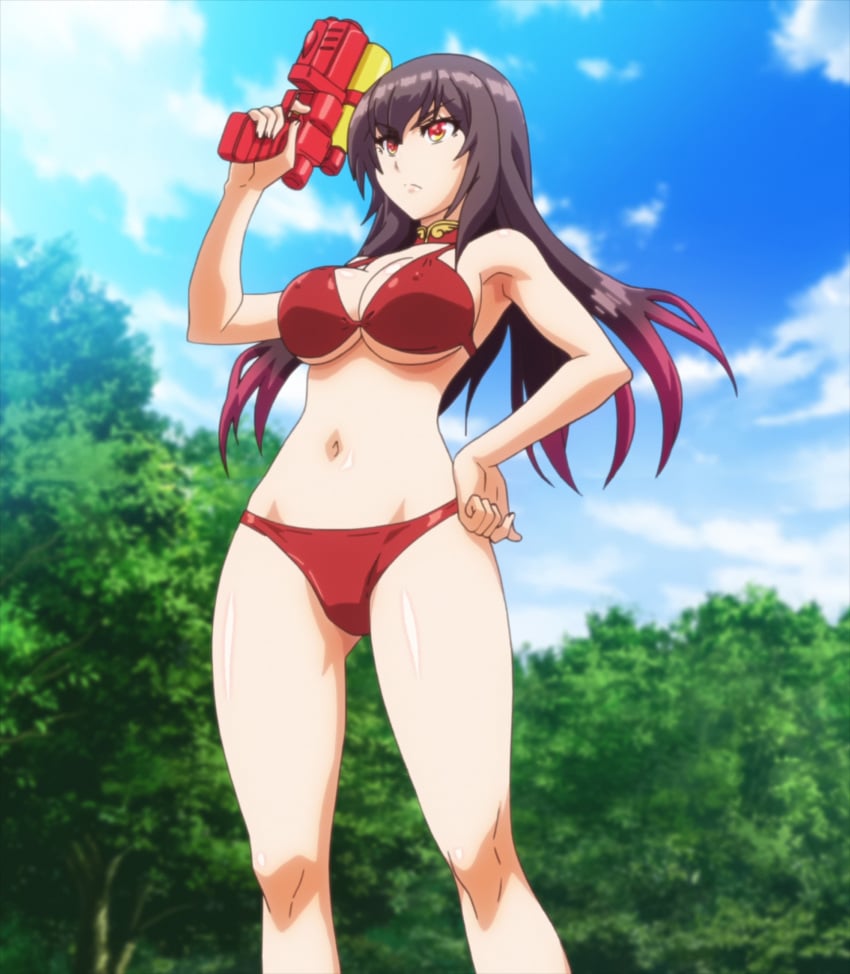 1girls angel_girl bikini brown_hair female female_focus female_only michael_(nanatsu_no_bitoku) michael_(the_seven_heavenly_virtues) nanatsu_no_bitoku red_bikini screencap screenshot serious serious_look shiny_skin the_seven_heavenly_virtues two_piece_swimsuit water_gun