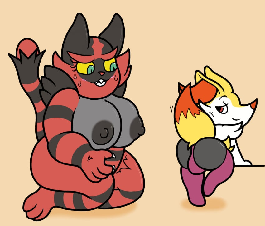 anthro big_breasts braixen breasts canid canine claws clothing felid feline fur generation_6_pokemon generation_7_pokemon girly green_eyes grey_body grey_fur incineroar legwear mammal mr.under multicolored_body multicolored_fur nintendo orange_body orange_eyes orange_fur panties pokémon_(species) pokemon pokemon_(species) red_body red_fur stockings underwear white_body white_fur yellow_body yellow_fur yellow_sclera