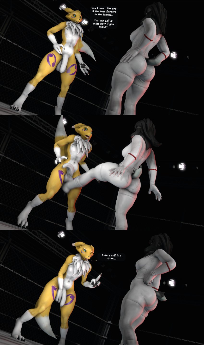 3d_(artwork) absurd_res alstri anthro ballbusting bandai_namco cock_and_ball_torture comic digimon digimon_(species) digital_media_(artwork) dominant dominant_female duo female fight flaccid foreskin genital_torture genitals hi_res kick_in_the_balls male male/female nude penis renamon source_filmmaker wide_stance