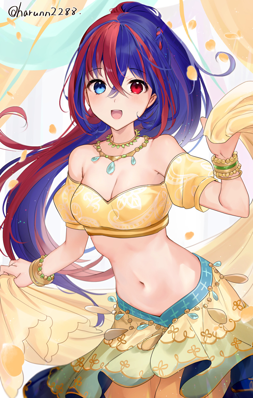 1girls 2024 :d alear_(female)_(fire_emblem) alear_(fire_emblem) alternate_costume artist_name bare_shoulders belly_chain blue_eyes blue_hair bracelet breasts cleavage commentary cowboy_shot crop_top dancer female female_only fire_emblem fire_emblem_engage hair_between_eyes haru_(nakajou-28) heterochromia highres jewelry light-skinned_female light_skin long_hair looking_at_viewer medium_breasts midriff multicolored_hair navel necklace nintendo off-shoulder_shirt off_shoulder official_alternate_hairstyle open_mouth ponytail puffy_short_sleeves puffy_sleeves red_eyes red_hair shirt short_sleeves skirt smile solo split-color_hair standing stomach streaked_hair two-tone_hair very_long_hair watermark yellow_shirt yellow_skirt