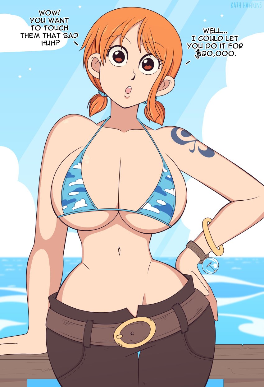 1girls big_breasts bikini_top female female_focus female_only kath_hawkins light-skinned_female nami one_piece pre-timeskip short_hair shounen_jump skypiea text thick_thighs