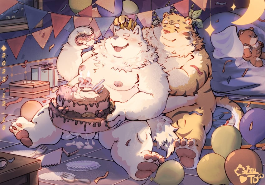 2023 anthro balls belly birthday birthday_cake blush bodily_fluids cake canid canine canis closed_eyes cum dessert detailed_background domestic_dog duo felid food genital_fluids genitals hi_res kemono male male/male mammal moobs nipples overweight overweight_male pantherine sitting tiger yuyuitudou