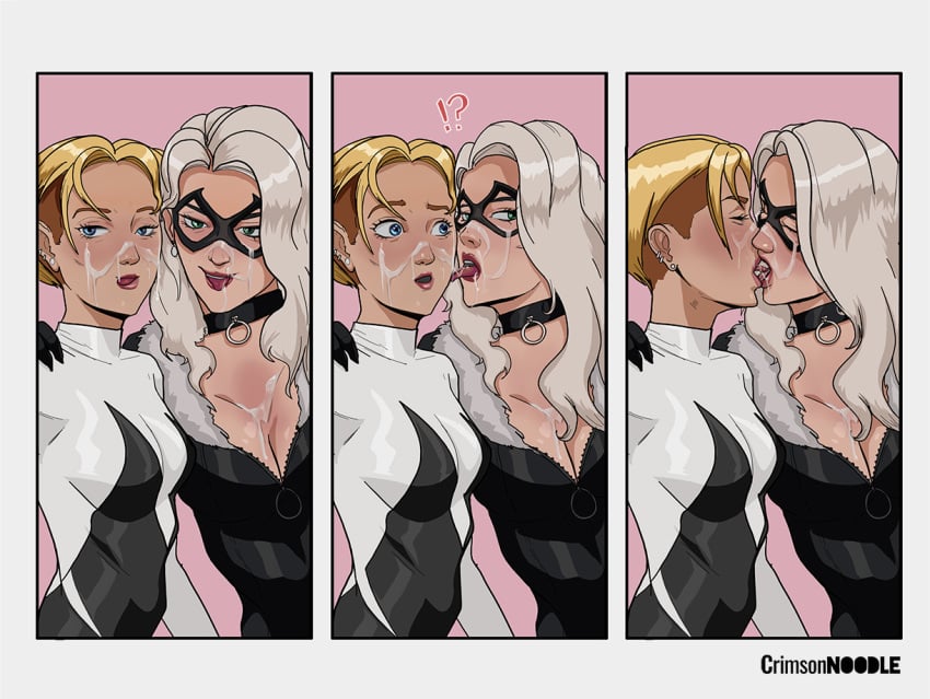 2girls age_difference asymmetrical_hair black_cat_(marvel) blonde_hair comic_page crimsonnoodle cum_cleanup cum_drip cum_in_mouth cum_on_face cum_swap facial felicia_hardy female female_only gwen_stacy gwen_stacy_(spider-verse) kiss kissing licking_cum marvel multiple_girls older_female older_woman_and_teenage_girl snowballing spider-gwen spider-gwen_(spider-verse) spider-man:_into_the_spider-verse spider-man_(series) white_hair younger_female yuri