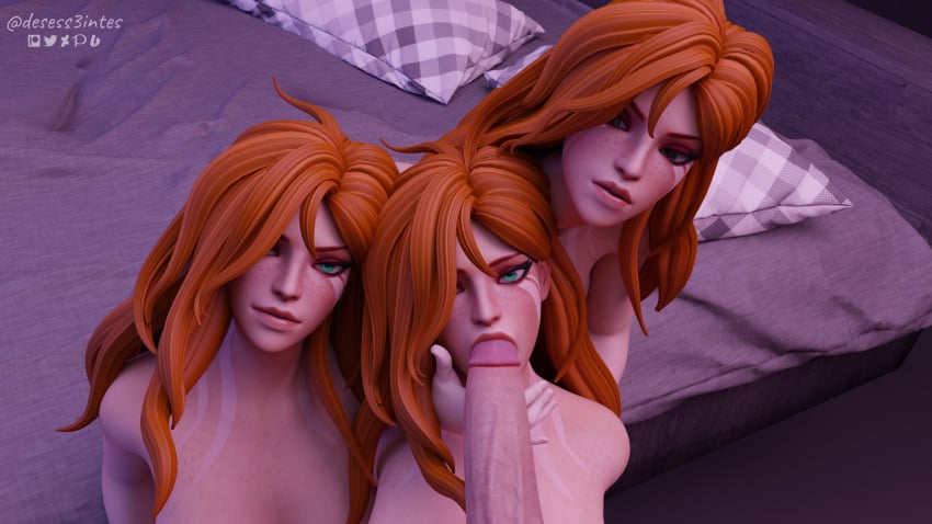 1boy 3d 3girls assisted_fellatio blender blowjob clone desess3intes dota_2 fellatio kissing_penis red_hair red_hair render sucking_penis tagme windranger