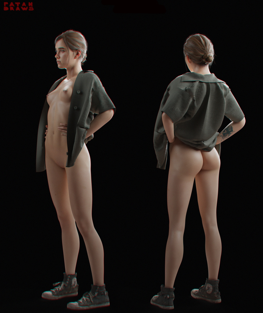 1girls 3d 3d_(artwork) areolae ass breasts brown_hair bubble_butt butt casual clothing ellie_(the_last_of_us) ellie_williams female female_only footwear freckles full_body human model_sheet naughty_dog nipple_piercing nipples open_shirt pale_skin patandraws piercing pussy shirt small_breasts sneakers solo standing tattoo the_last_of_us the_last_of_us_2 topwear vagina