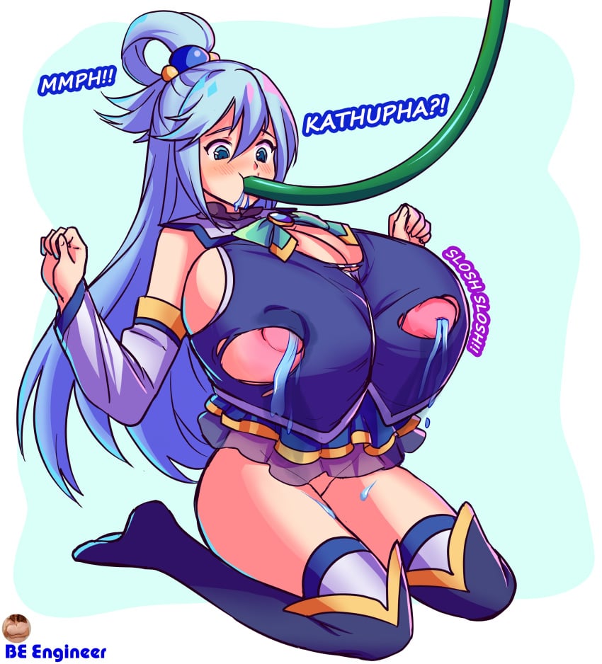 1girls 2022 aqua_(konosuba) bare_thighs beengineer blue_eyes blue_hair blush breast_expansion bursting_breasts huge_breasts inherentlysostrange kono_subarashii_sekai_ni_shukufuku_wo! nipples no_panties sloshing_breasts solo solo_female tagme torn_clothes unusual_lactation water_hose water_inflation