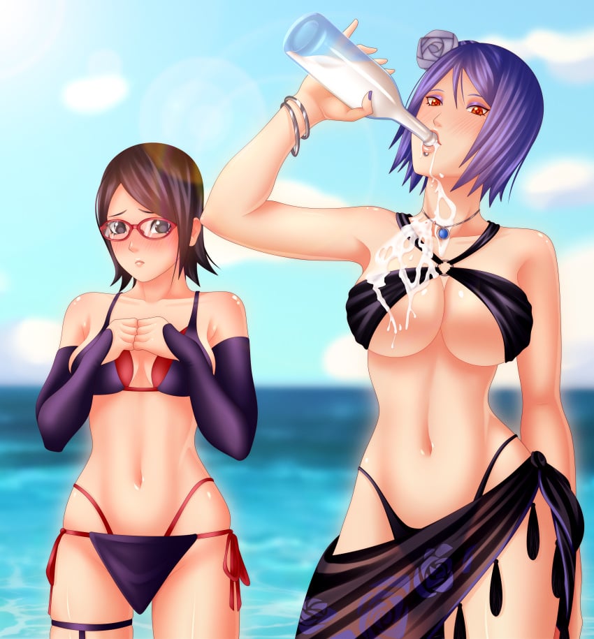 2girls adult age_difference alternate_costume antient bikini bikini_bottom bikini_top black_hair blue_hair boruto:_naruto_next_generations bottle bracelet breast_envy breast_size_difference cleavage collar curvaceous curvy curvy_figure drink drinking drinking_milk embarrassed glasses height_difference highleg highleg_bikini holding_bottle holding_object jewelry konan larger_female looking_at_another looking_at_breasts looking_at_partner milk milk_bottle multiple_girls naruto naruto_(series) naruto_shippuden necklace official_alternate_costume older_female outdoors petite piercing pouring pouring_on_breasts pouring_on_self revealing_swimsuit sarada_uchiha sexually_suggestive skirt slim_waist smaller_female standing staring staring_at_breasts suggestive suggestive_fluid swimsuit taller_female teenager voluptuous wide_hips younger_female