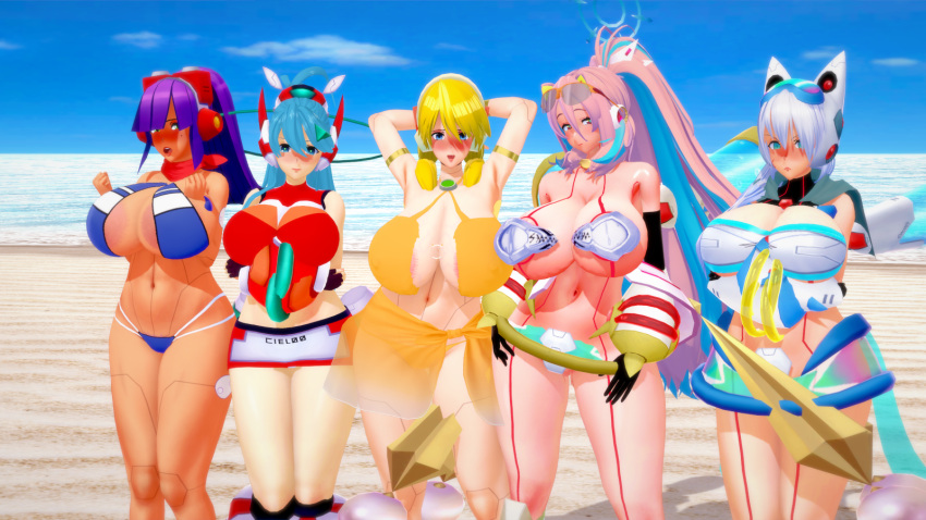 3d 5girls alia areola_slip armpits artist_request bikini eratoeir huge_breasts ico_(mega_man) koikatsu layer mega_man mega_man_x mega_man_x_dive rico_(mega_man) swimsuit swimsuit_alia_(x_dive) swimsuit_ico_(x_dive) swimsuit_layer_(x_dive)