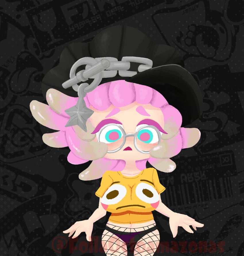 annie_(splatoon) big_breasts blush blush_emoticon blushing_female embarrassed fishnets follaoctoamazas half-dressed panties shirt_only splatoon splatoon_3 suprised_look tagme_(artist) tight_clothing tight_shirt