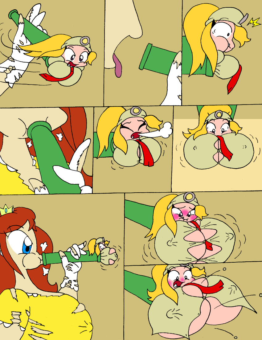 about_to_burst blackmage20 breast_expansion button_pop colored comic female goombella inflation mario_(series) paper_mario poorly_drawn princess_daisy puffed_cheeks super_mario_bros. tagme