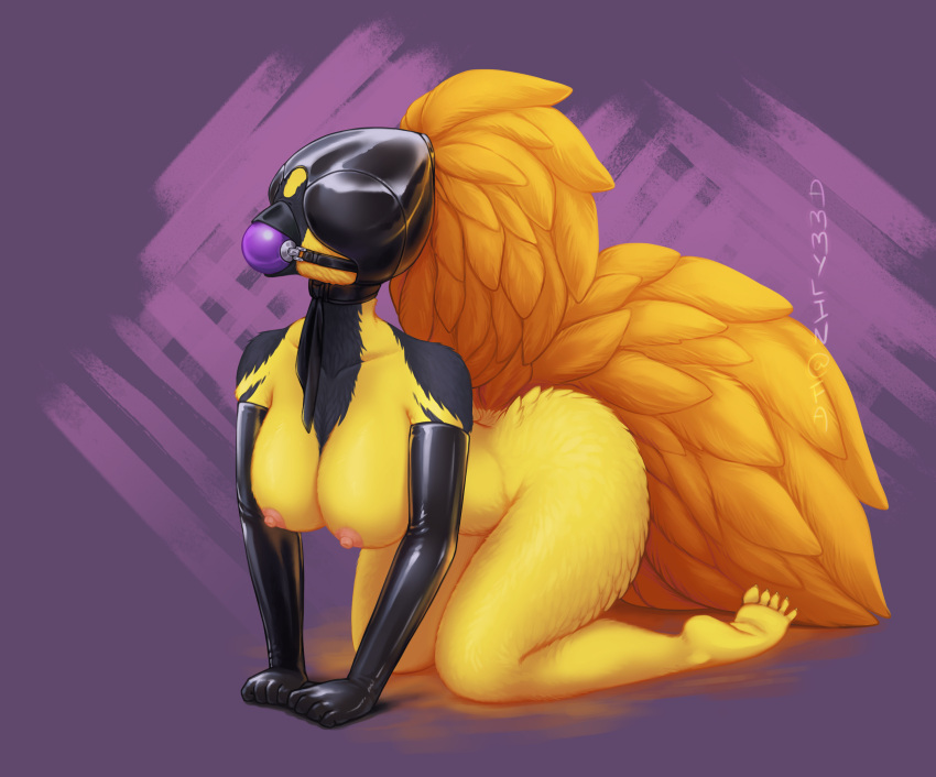 absurd_res anthro avian ball_gag big_breasts bird bondage bondage_hood breasts elbow_gloves female femsub furry gag gagged hi_res latex latex_elbow_gloves latex_gloves latex_hood nipples submissive submissive_anthro submissive_female