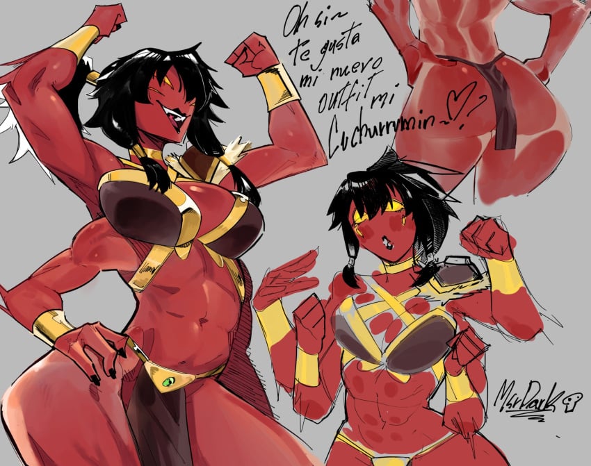 4_arms 4_eyes alien alien_girl alien_humanoid angel_dark_uwu ben_10 black_hair blush chaquetrix female female_focus female_only fourarms large_breasts loincloth multi_arm multi_eye multi_limb muscular_female red_body red_skin spanish_text tetramand yellow_eyes