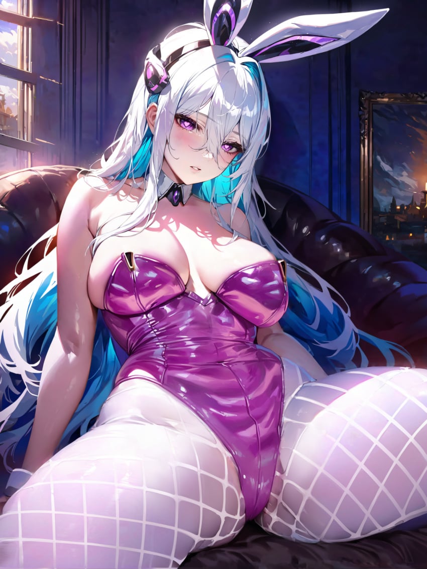 ai_generated alternate_version_available azur_lane breasts bunny_girl bunnysuit erocle fishnet_legwear heart-shaped_pupils kearsarge_(all-night_charge)_(azur_lane) kearsarge_(azur_lane) leotard multicolored_hair spread_legs