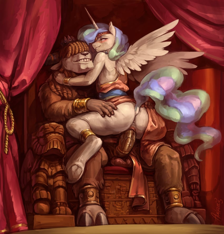 alicorn anthro anus ass audrarius blush bovine cowgirl_position duo equine erection feathered_wings feathers female friendship_is_magic hair hair_over_eyes hi_res horn interspecies male mammal multicolored_hair my_little_pony on_top penetration penis prince_rutherford_(mlp) princess_celestia_(mlp) pussy pussy_juice raised_tail sex sitting straight tail vaginal_penetration wings yak