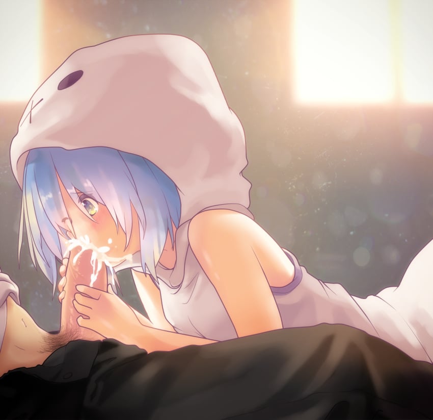 1boy aoi_tori blue_eyes blue_hair blush cum cum_in_mouth dress ejaculation erection fellatio female highres hood one_eye_closed open_pants oral original pants penis shirt shirt_lift short_hair sleeveless sleeveless_dress unbuttoned