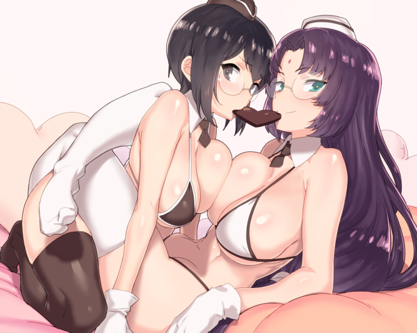 2girls aqua_eyes arm arm_rest arm_support asymmetrical_docking bare_arms bare_shoulders bed bikini bindi black_bikini black_eyes black_hair black_legwear black_thighhighs blush breast_press breasts chocolate chocolate_heart cleavage detached_collar facial_mark female food food_in_mouth forehead_mark from_side garrison_cap glasses gloves green_eyes groin hat heart heart_pillow highres hips houjou_souun_(sengoku_collection) indoors kneeling large_breasts leg_hug leg_lock long_hair looking_at_viewer maeda_keiji_(sengoku_collection) midriff mini_hat mouth_hold multiple_girls mutual_yuri naughty_face navel necktie pillow purple_hair reclining rimless_glasses sengoku_collection shared_food sharing_food short_hair shy sideboob simple_background smile stockings string_bikini swap_food swimsuit symmetrical_docking tenchisouha thighhighs underboob very_long_hair white_bikini white_gloves white_legwear white_swimsuit white_thighhighs yuri