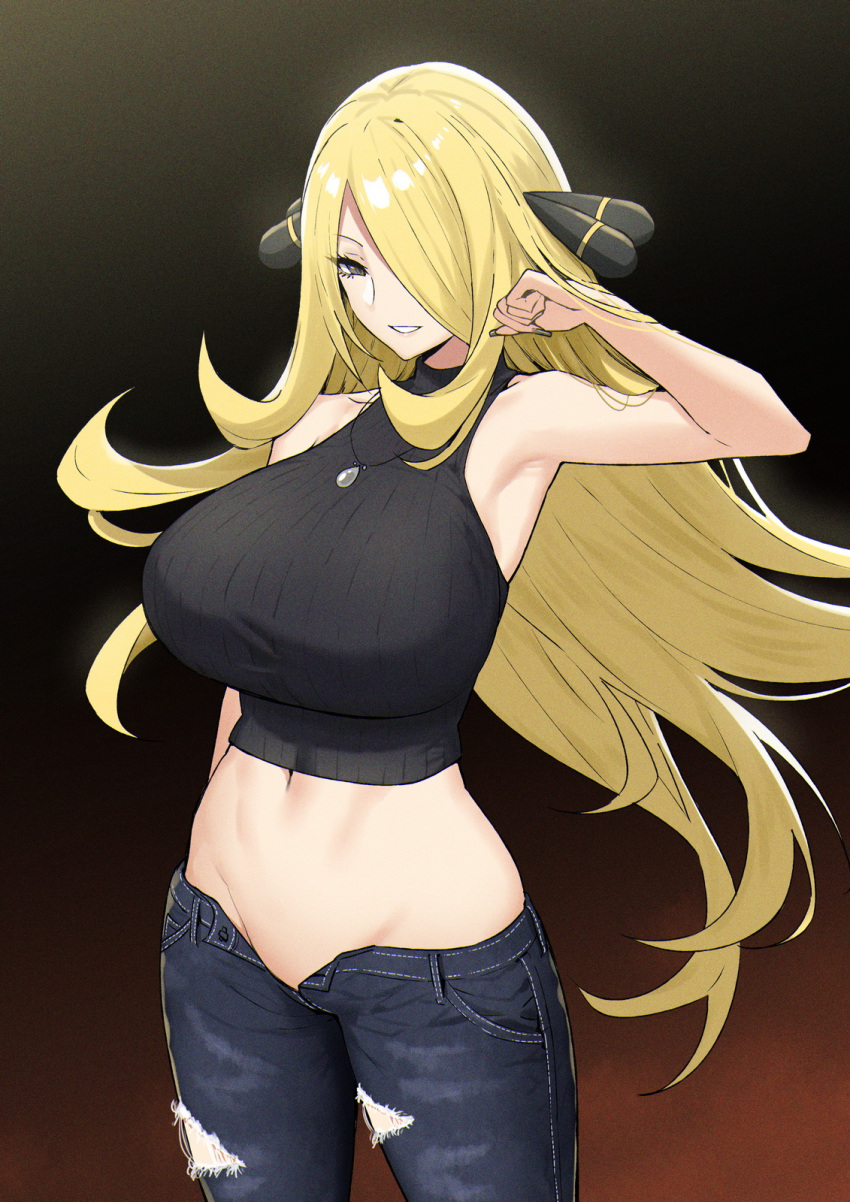 1girls armpits big_breasts blonde_hair breasts busty clothing crop_top curvaceous curvy cynthia_(pokemon) groin hair_over_one_eye jeans large_breasts mature mature_female mature_woman midriff milf navel no_panties open_fly pokemon seductive seductive_smile sensual sky_(freedom) smile unbuttoned unzipped