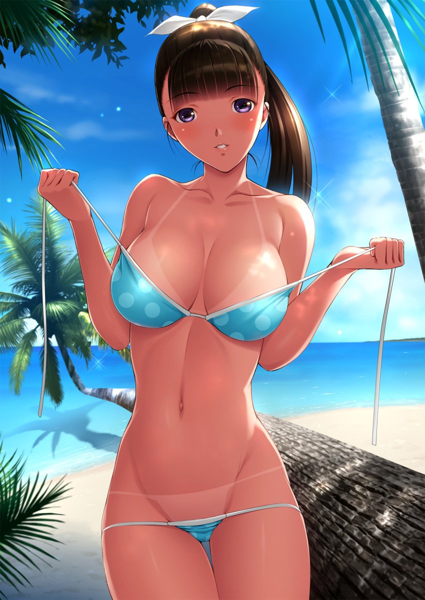 beach bikini bikini_tan black_hair breasts cloud collarbone dragon@harry female highres long_hair looking_at_viewer navel original palm_tree parted_lips polka_dot polka_dot_bikini polka_dot_swimsuit ponytail purple_eyes revision shiny shiny_skin sky solo stomach swimsuit tan tanline thigh_gap tied_hair tree untied waist