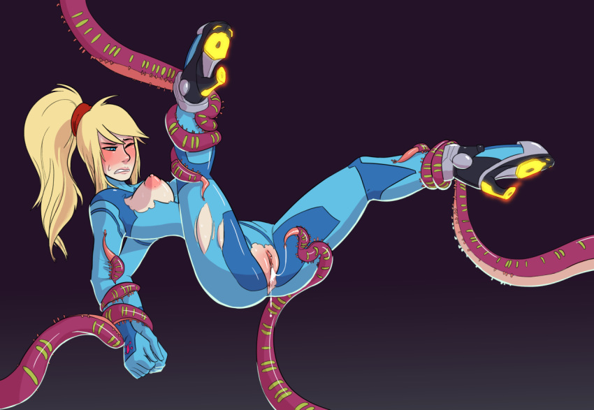 anus blonde_hair blue_eyes blush bodysuit bound_arms breasts breasts_out cum cum_in_pussy female glowing metroid nintendo ponytail pussy restrained rocket_heels samus_aran spread_legs super_smash_bros. sweat tentacle tied_hair torn_clothes whatsalewd wince zero_suit zero_suit_samus