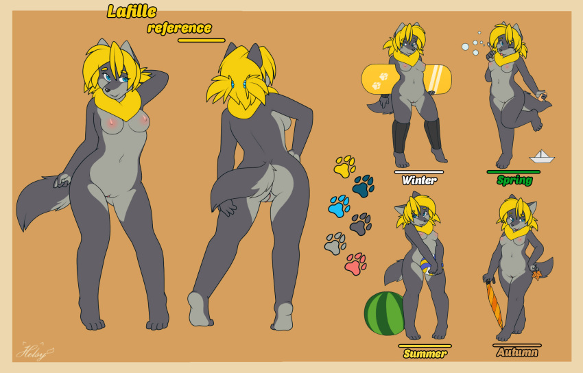 2016 anthro ass ball beach_ball blonde_hair blue_eyes breasts brown_background canine clothes female front_view fur grey_fur hair helsy lafille leg_warmers legwear mammal model_sheet mostly_nude multicolored_fur multiple_poses neck_tuft nude on_one_leg plantigrade pose pussy rear_view simple_background snowboard solo standing tiptoes tuft two_tone_fur umbrella wolf