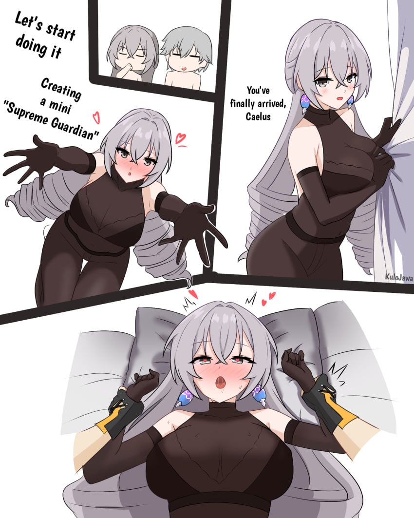 1boy ahe_gao black_bodysuit black_gloves bodysuit breasts bronya_rand caelus_(honkai:_star_rail) cross crossed_bangs english_text female gloves grey_eyes grey_hair heart heart-shaped_pupils highres honkai:_star_rail honkai_(series) implied_sex impregnation_request indoors jewelry kulo_jawa kulojawa large_breasts long_hair open_mouth sex symbol-shaped_pupils