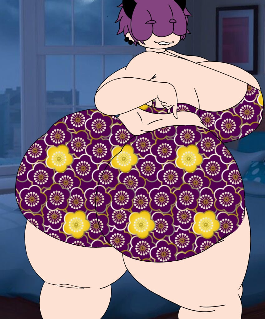 1boy ass_focus black_horns busty_boy floral_print gacha gacha_club gacha_life gay large_breasts purple_hair smiling_at_viewer smirk succubus