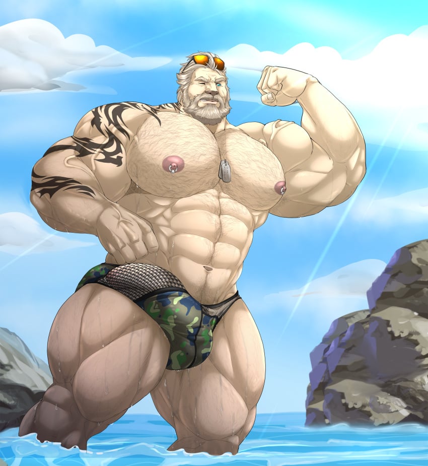 1boy bara bara_tits barazoku beard bulge bulge_through_clothing daddy erection erection_under_clothes facial_hair final_fantasy final_fantasy_xiv flexing_bicep gay hairy hairy_chest male male_focus male_nipples male_only male_pubic_hair manly mature_male muscular_male nipples penis penis_outline roegadyn solo solo_male taighet_28 underwear wet yaoi