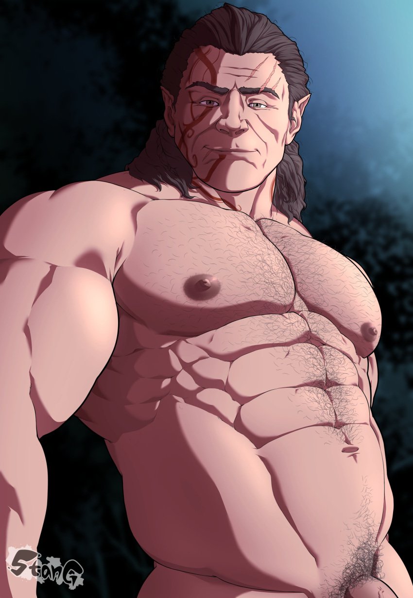 1boy baldur's_gate baldur's_gate_3 bara bara_tits barazoku completely_nude completely_nude_male dungeons_and_dragons elf elf_ears flaccid forgotten_realms gay hairy_chest halsin looking_at_viewer male male_focus male_nipples male_only male_pubic_hair manly muscular_male nipples nude penis solo solo_male stangun yaoi