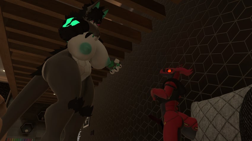 anthro embarrassed erection female furry knotted_penis male male/female mamagen naked nude nude_female nude_male red_body scalie synth_(vader-san) vrchat vrchat_avatar