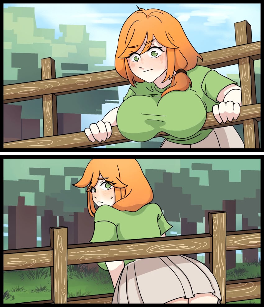 1girls alex_(minecraft) artist_request big_breasts blush clothing ginger ginger_hair green_eyes looking_back medium_hair minecraft orange_hair outdoors ponytail red_hair skirt steve_you_gotta_help_me_i'm_stuck stuck stuck_in_fence sweatdrop tagme_(artist) worried_expression