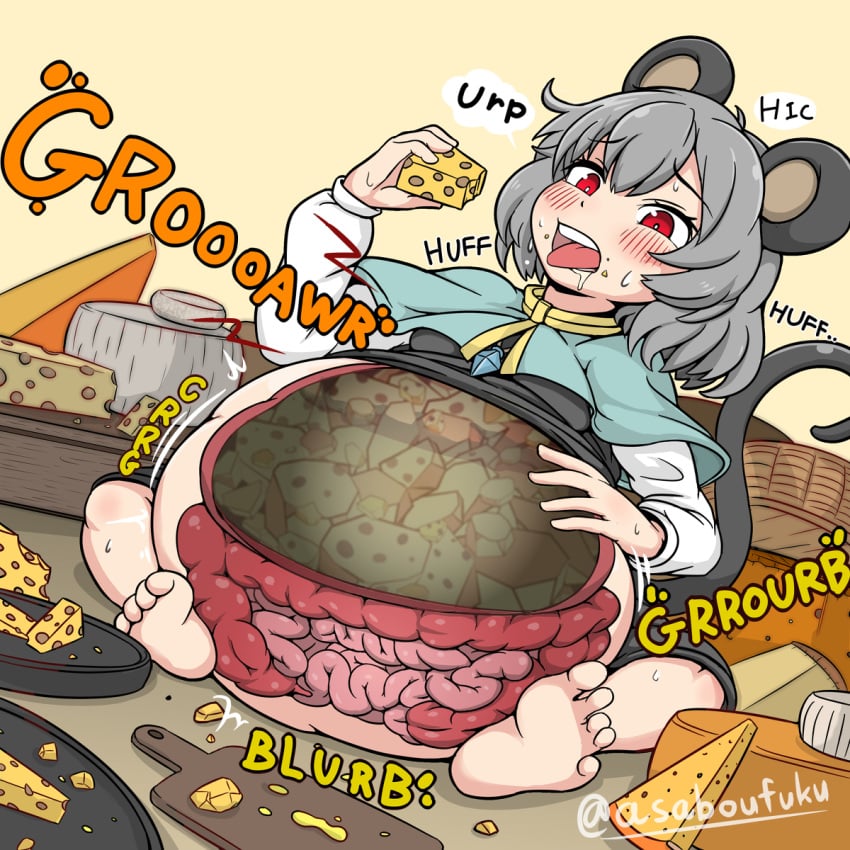 asaboufuku belly_bulge belly_expansion belly_stuffing bloated bloated_belly bloated_stomach bloated_tummy burp burping cheese fat nazrin obese stuffed_belly touhou weight_gain x-ray