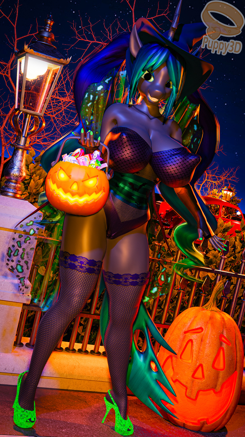 1girls 3d 9:16 anthro anthrofied arthropod big_breasts breasts candy changeling clothing dessert digital_media_(artwork) female female_only food footwear halloween hi_res high_heels holidays jack-o'-lantern nipple_outline puppy3d shoes solo