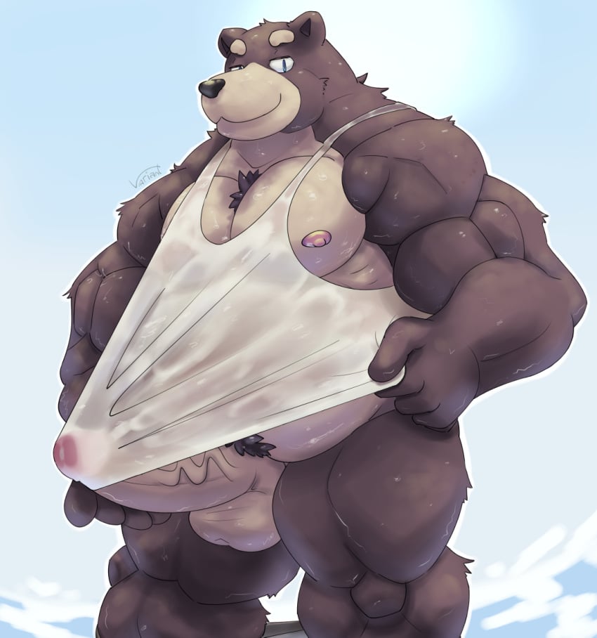 anthro areola balls barazoku bear belly big_balls big_belly big_biceps big_muscles big_pecs big_penis biped black_nose blue_eyes bodily_fluids bottomless brown_body brown_fur chest_tuft clothed clothing digital_media_(artwork) erection eyebrows fur genitals glans humanoid_genitalia humanoid_penis looking_at_viewer male male_only mammal musclegut muscular muscular_anthro muscular_male muscular_thighs nipples pecs penis shirt shirt_only simple_background sky smile solo sweat sweaty_body tank_top topwear topwear_only tuft viridianvariant wet wet_clothing wet_shirt wet_topwear white_clothing white_shirt white_tank_top white_topwear